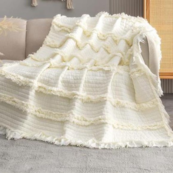 Farmhouse Throw Blanket Boho Cottage Decor Soft Decorative Cream Quilted Cover - Picture 3 of 10